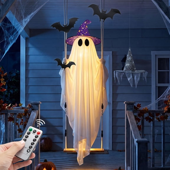 Halloween Ghost Decor with Bat & Hat - 11 FT Large Hanging Swinging Ghost | Outdoor Halloween Decor with String Lights, Adjustable Swinging Light-Up Ghost for Trees Porches Gardens Lawns Yards Decor