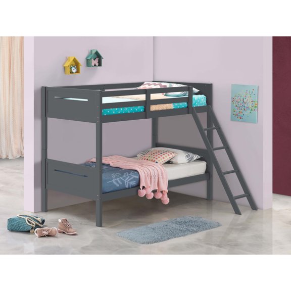 Bed Frame Grey Twin/Twin Bunk Bed with Built-in Ladder