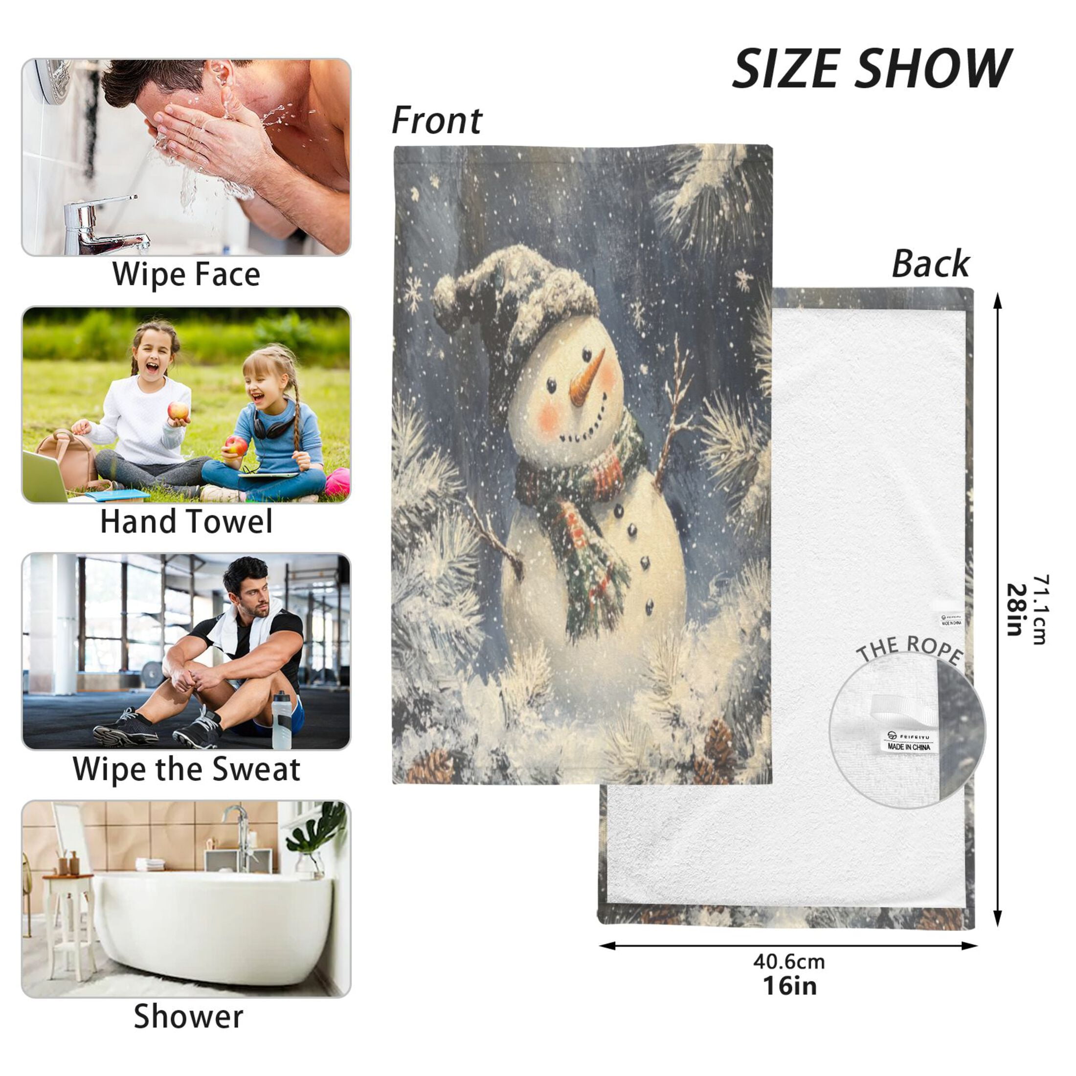 Cotton Towel Two-Piece 16x28 Inch One Sizex2 Face Towel Set Towel Set Cotton Hand Bath Towel Bathroom Beach Christmas White Snowman