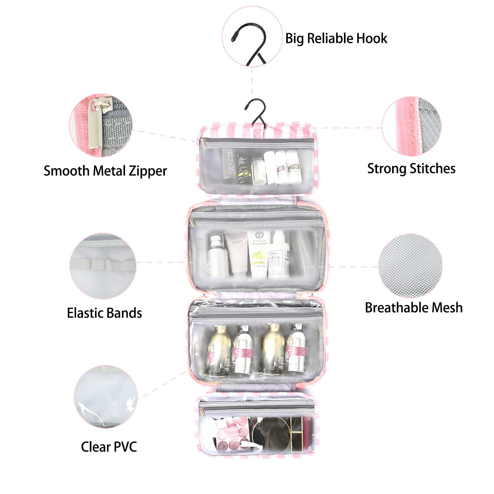 Foldable Hook Toileting Storage Bag, Waterproof Multi Compartment Handheld Skincare And Makeup Bag