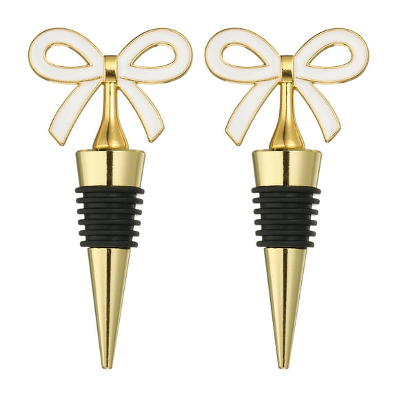 Uxcell 2 Pcs Bow Wine Stopper, Reusable Wine Stoppers Airtight Leak-proof Bottle Plugs Liquor Saver Beer Beverage Glass Bottles Stopper for Bar Holiday Party Home Decor, Gold-White