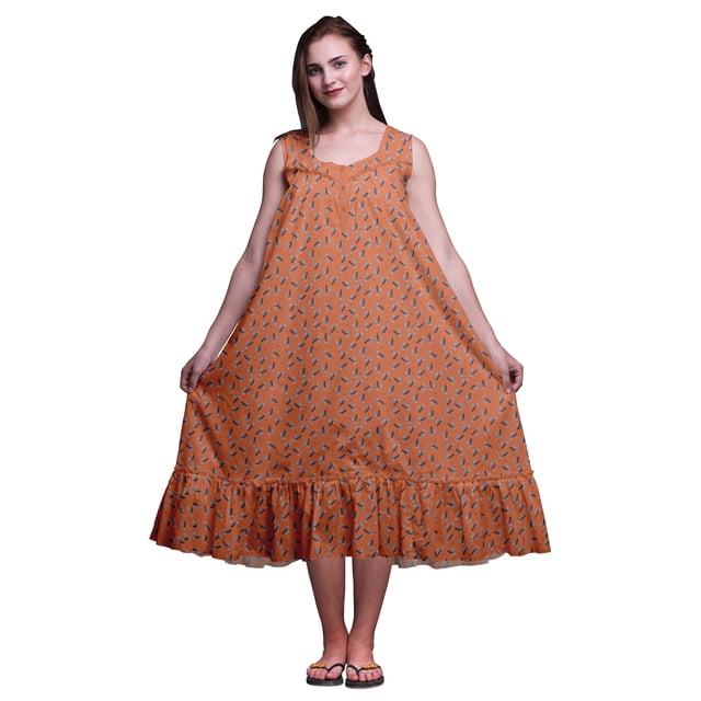Bimba Medium Orange3 Feuilles Pois & Feuille Bleue Imprimée Chemises de Nuit en Coton pour Femmes Robe Sans Manches Tenue de Nuit Robe Maxi XX-Grand