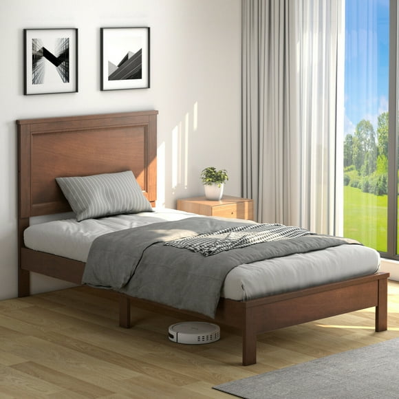 Gymax Twin Size Bed Frame Platform Slat High Headboard Bedroom Rubber Wood Leg Walnut