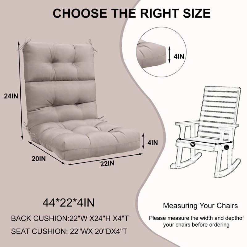 2pcs Rocking Chair Cushions Outdoor High Back Patio Cushion with Ties, Waterproo Seat and Back Replacement Cushion set
