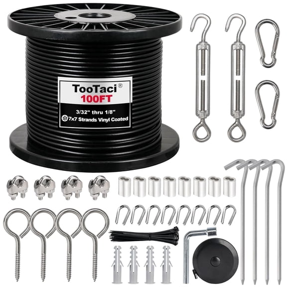 Tootaci 1/8" Wire Rope Kit, 100FT Black Vinyl Coated Stainless Steel Cable, 7×7 Strands with M5 Turnbuckles for String Light Hanging Kit, Clothesline