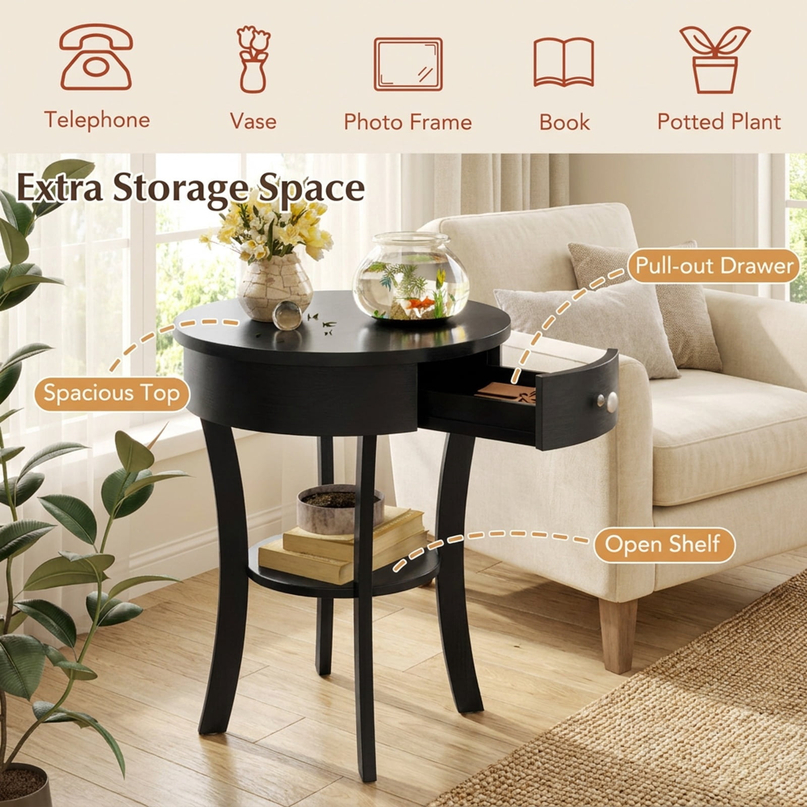 Furnibear 2 Tier Round End Table with Open Drawer and Storage Shelf for Living Room Bedroom and Bedside Accent Space, Black