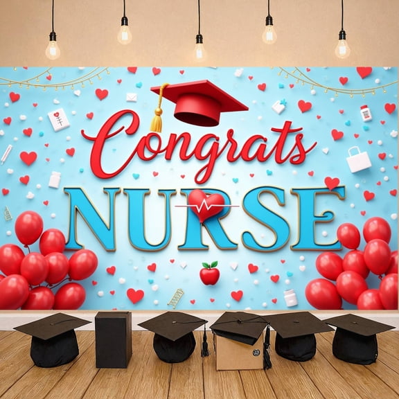 Red Theme Congrats Nurse Banner Heart Design Nurse Backdrop Graduation Cap Medical Symbols Medical Background for Nurse Graduation Healthcare Celebration Nurse Achievement
