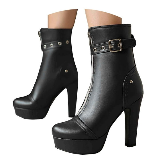 Mostsola Womens Platform Boots Goth Leather Front Zipper Heeled Ankle Boots Fashion Short Booties