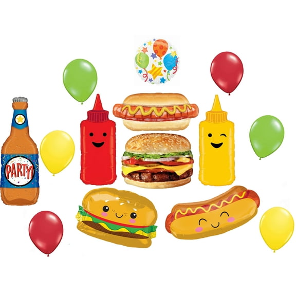 BBQ Picnic Cookout Party Supplies 13 pc with Realistic Cheeseburger Hot Dog plus Ketchup Mustard and Beer Foil Balloon Bouquet Decorations…