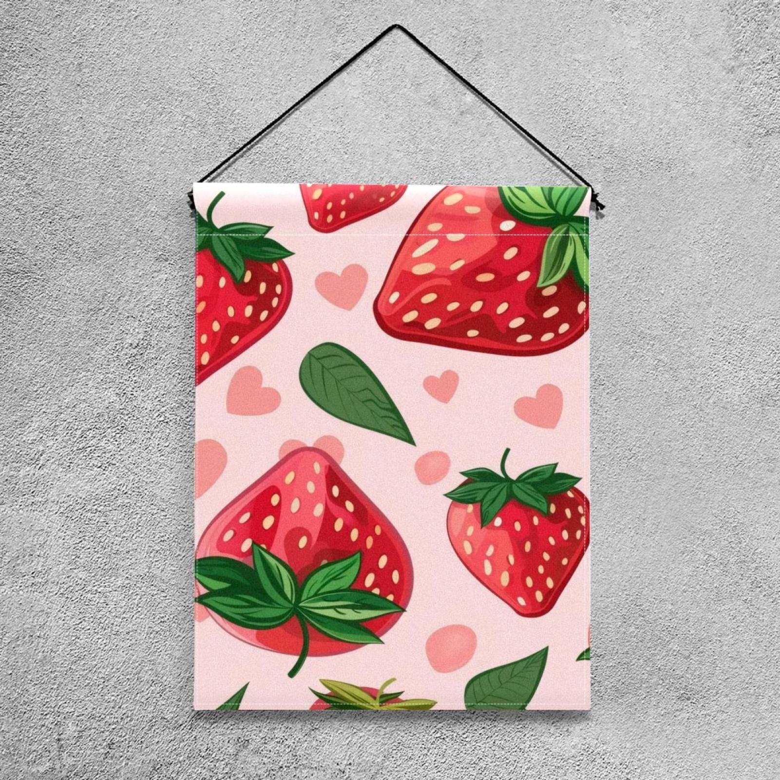 Welcome Strawberry with Green Leaves Pink Hearts Garden Flag, Vertical Double Sided Small House Flag, Yard Farmhouse Outdoor Deck Veranda Lawn Decor 28x40 Inch