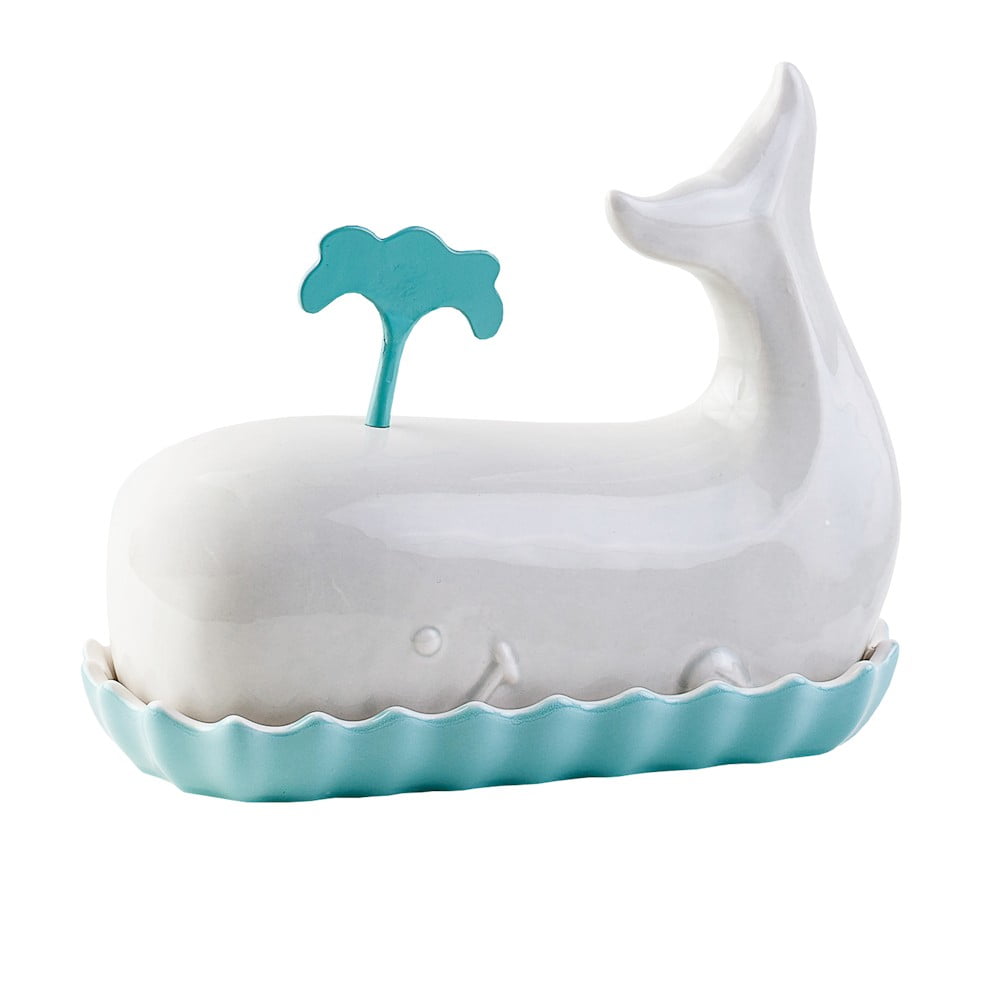 Whale Covered Butter Dish Ceramic with Metal Spout Handle 6.75