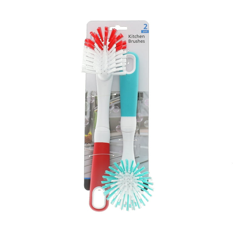 Mainstays 2-Piece Assorted Kitchen Sink Brush Set with Scrapers, Red/Teal 