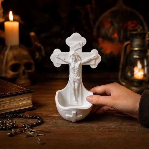 Cadancy Crucifix Storage Box Statue with Holy Water Font Religious Figurine Shelf Display Catholic Christian Prayer Room Church Adornment Desktop Altar Keepsake Home Decor