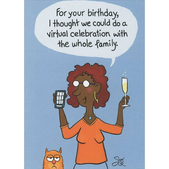 Oatmeal Studios Woman Holding Phone: Virtual Celebration with Whole Family Funny / Humorous Birthday Card for Relative