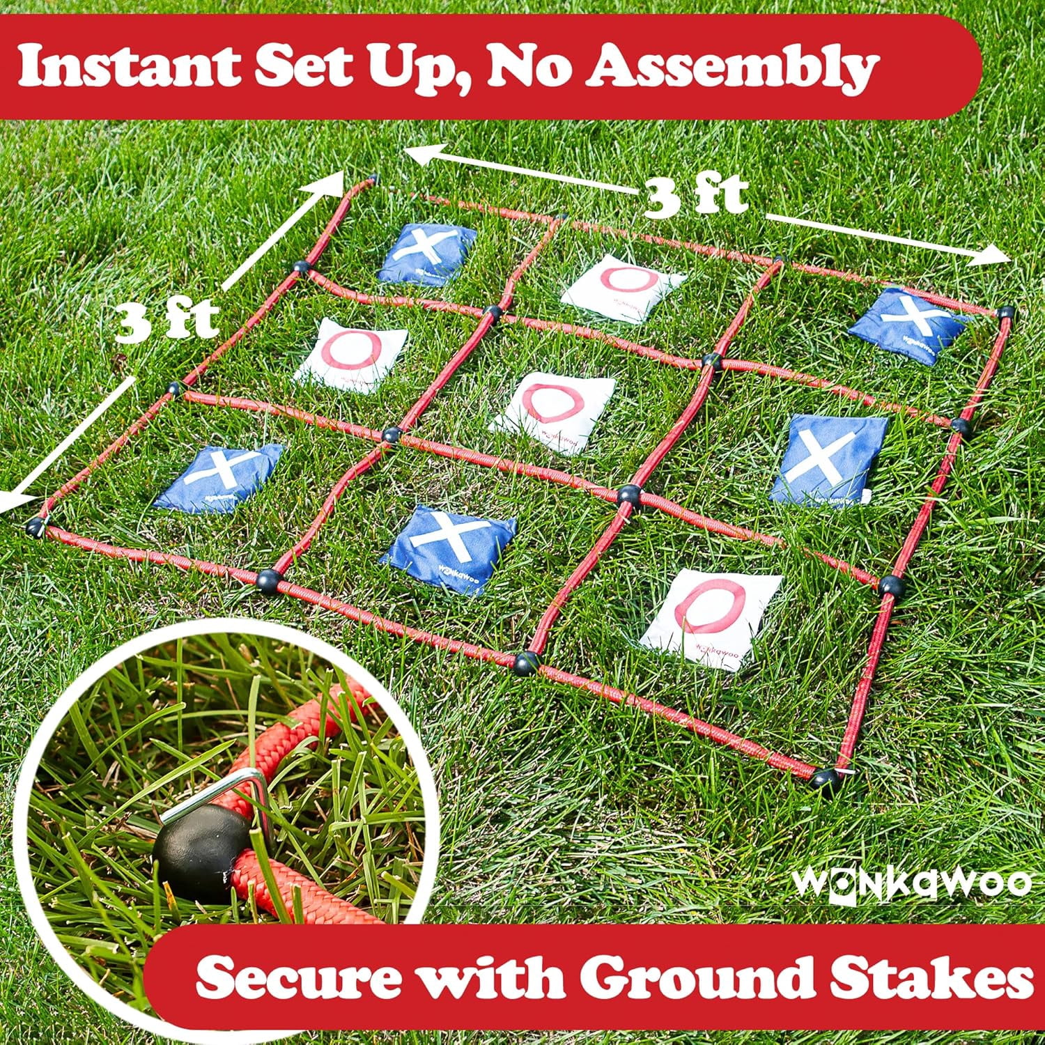WonkaWoo Giant Tic Tac Toe Bean Bag Toss Game Playset, Large 3 ft x 3 ft Tic Tac Toe Rope Grid, Outdoors Lawn Yard Game for Family and Kids