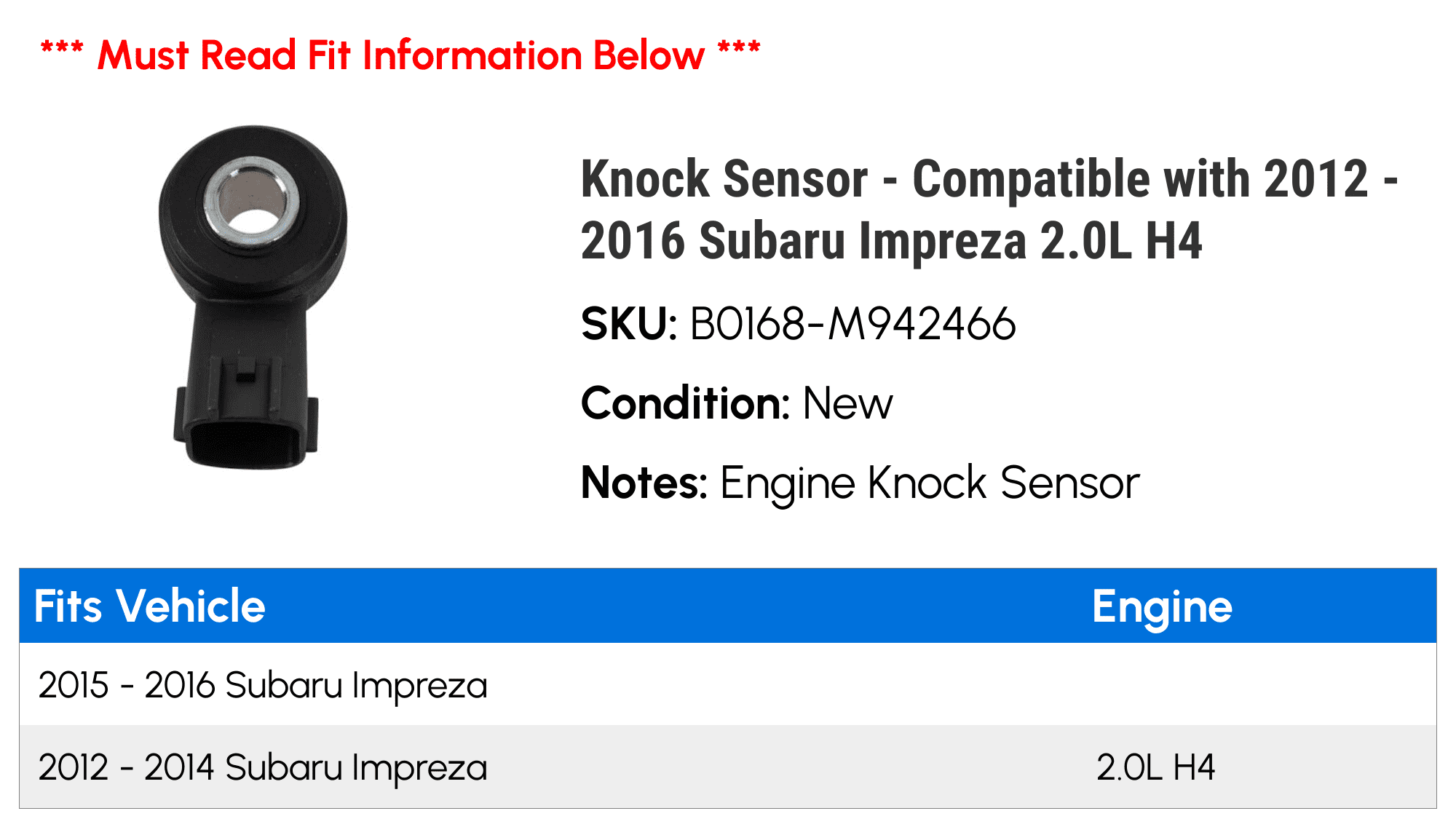 Knock Sensor - Compatible with 2012 - 2016 Subaru Impreza 2.0L H4 2013 2014 2015