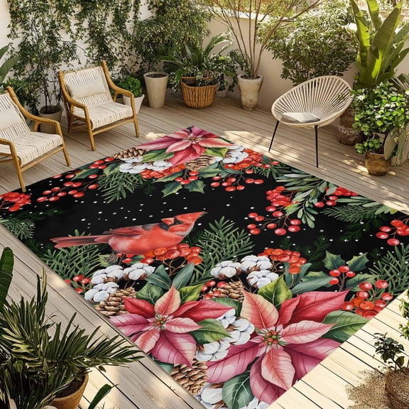 Cardinal Bird Outdoor Rug for Patio/Deck/Porch, Non-Slip Large Area Rug 5 x 7 Ft, Winter Poinsettia Pine Cones Berry Black Indoor Outdoor Rugs Washable Area Rugs, Reversible Camping Rug Carpet Runner