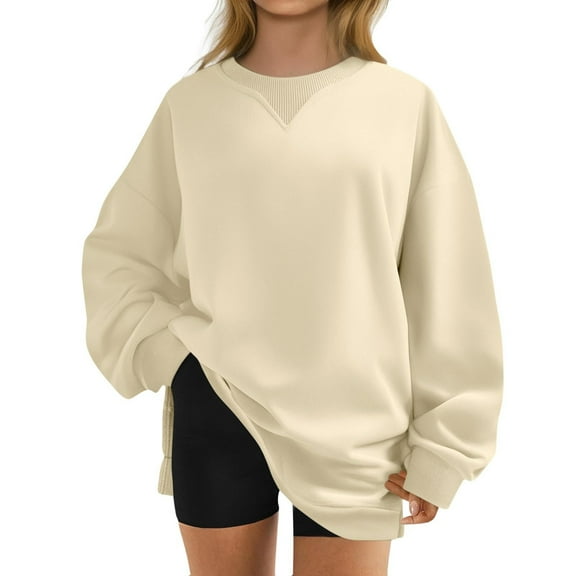 ZQGJB Oversized Baggy Sweatshirts for Women Loose Fit Casual Side Slit Long Sleeve Crewneck Basic Workout Pullover Tops Fashion Fall Outfit Y2K Teen Girls Clothes 2025 Beige S