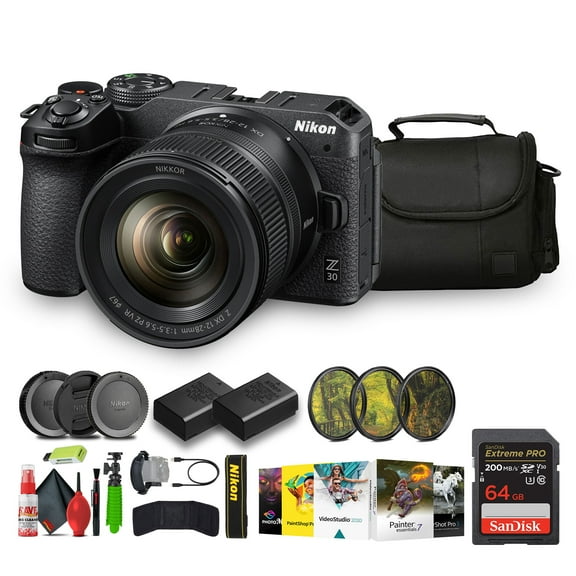 Nikon Z30 Lightweight Mirrorless Camera with 12-28mm Zoom Lens   ENEL25 Replacement    Memory Card Wallet   Extreme PRO 64GB Card   Hand Strap   UV Lens Filter   Photo Editing Software   More