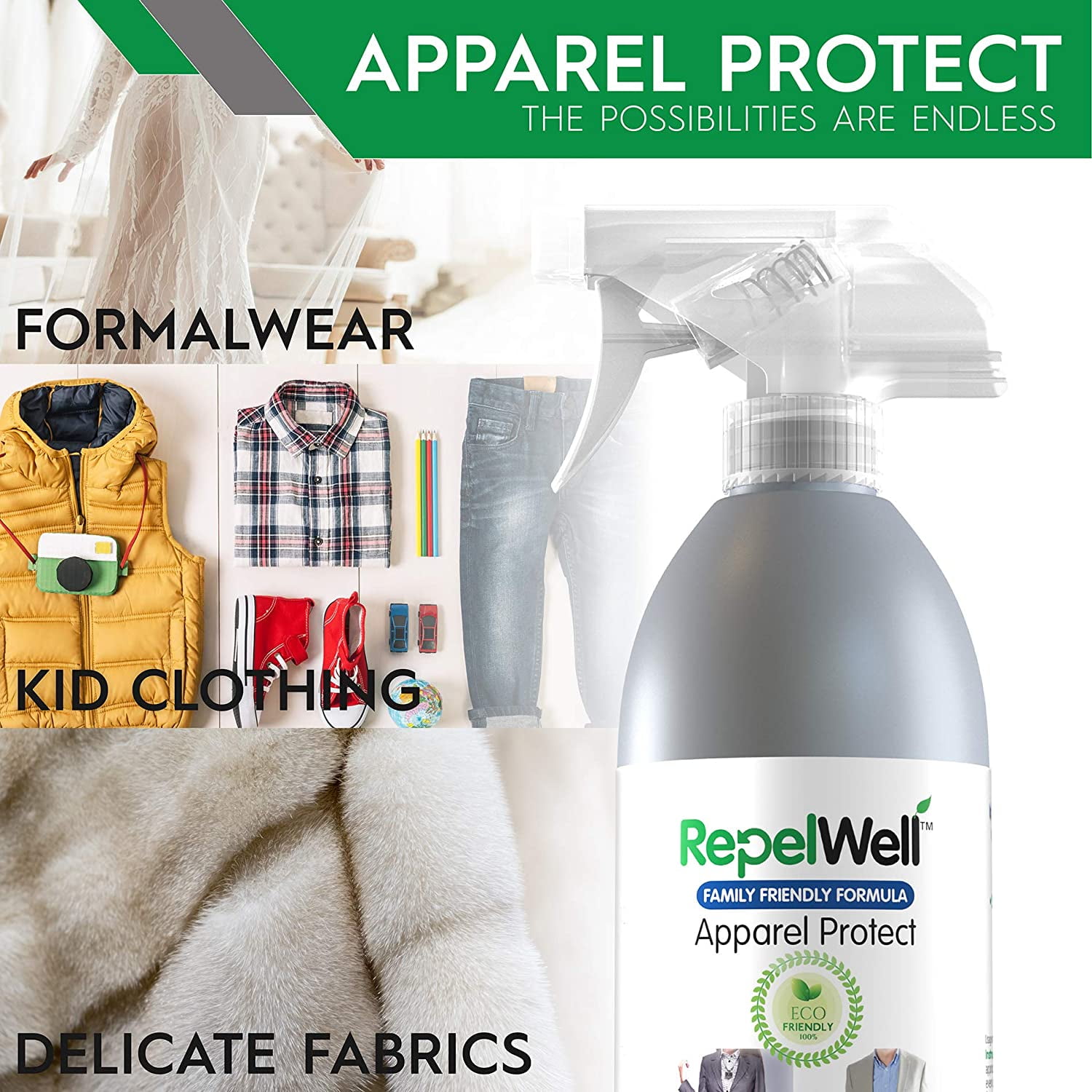 RepelWell Apparel Protect (24oz) Stain & Water Repellent Spray – Non-Toxic,  Eco-Friendly, Family and Pet-Safe Formula Sprays on Clear to Protect  Furniture, Shoes, Clothing & More 