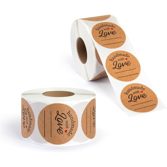 1000pcs Handmade with Love Stickers, 1.5" Diameter Kraft Handmade with Love Sticker Labels for Gifts, Crafts, Small Business, 500 Stickers per Roll (Pack of 2)