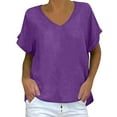 thumbnail image 2 of LADIGASU Women's V-Neck Short Sleeve Loose Solid Color T Shirt Tunic Summer Shirt Imitation Of Cotton And Linen Blouse, 2 of 6