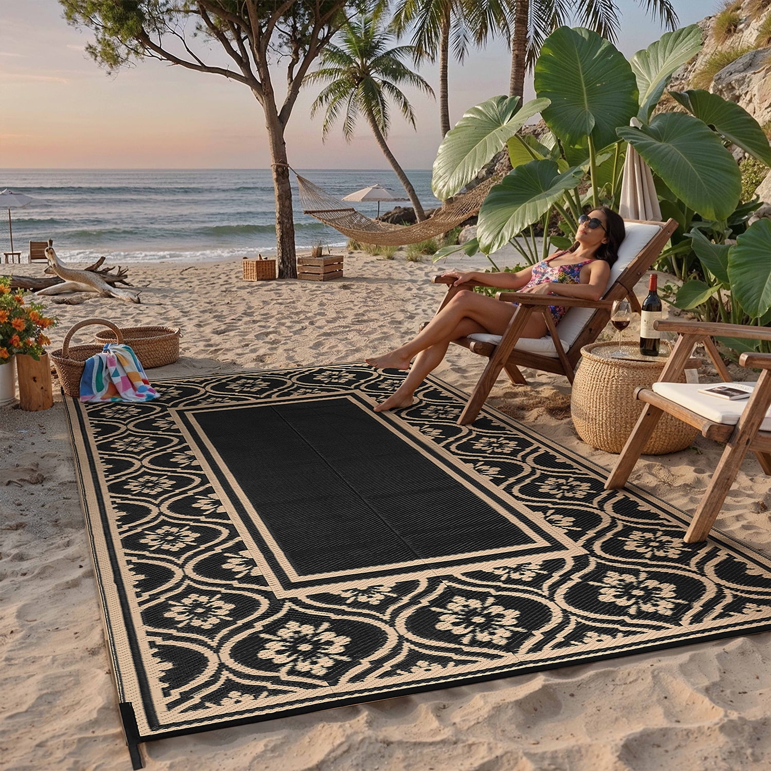 BERTHMEER Outdoor Rugs 5'x8' on Sale Clearance Waterproof Plastic Straw Reversible Patio Rugs for RV Deck Camping Beach Picnic Porch Garden and Balcony Geometric Carpets,Coffee Black