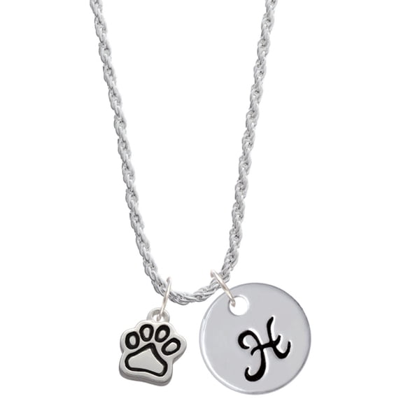 Delight Jewelry Silvertone Small Paw Silvertone Script Initial Disc - H - Charm Necklace, 20"+3"