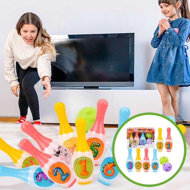 Juego interactivo de bolos con dinosaurios para niños, ideal para juegos de rol y juegos de jardín de infancia.