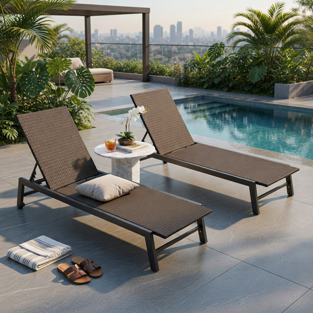 Hommoo Adjustable PE Wicker Chaise Lounge Chair with Wheels， Heavy-Duty 400 lb Capacity for Poolside, Patio, Backyard & Deck, Brown