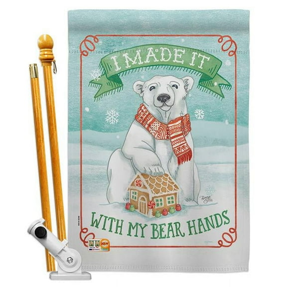 Breeze Decor BD-XM-HS-114156-IP-BO-D-US18-WA 28 x 40 in. My Bear Hands Winter Christmas Impressions Decorative Vertical Double Sided House Flag Set & Pole Bracket Hardware