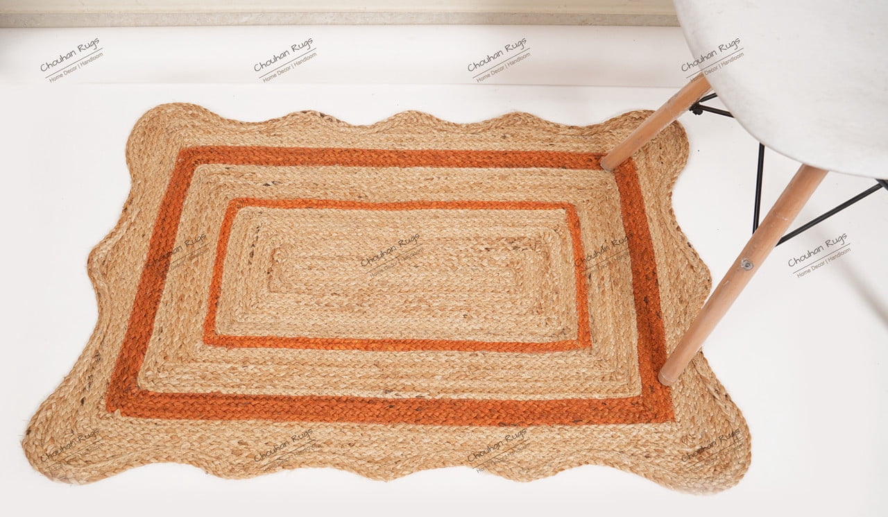 Natural Jute Hand Braided Area Rug Orange Scalloped Pattern Rectangle Rug