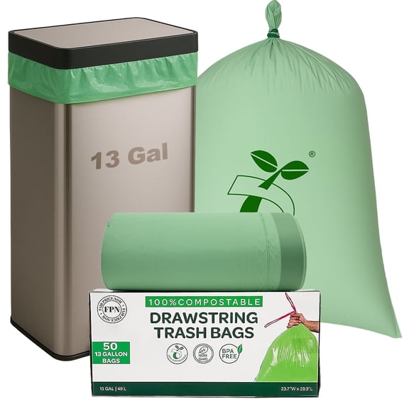 FPN Trash Bags Compostable – 50 Pack - 13 gallon, Handle-Tie, Tear-Resistant, Odor-Free, Durable for Kitchen & Household Waste Disposal