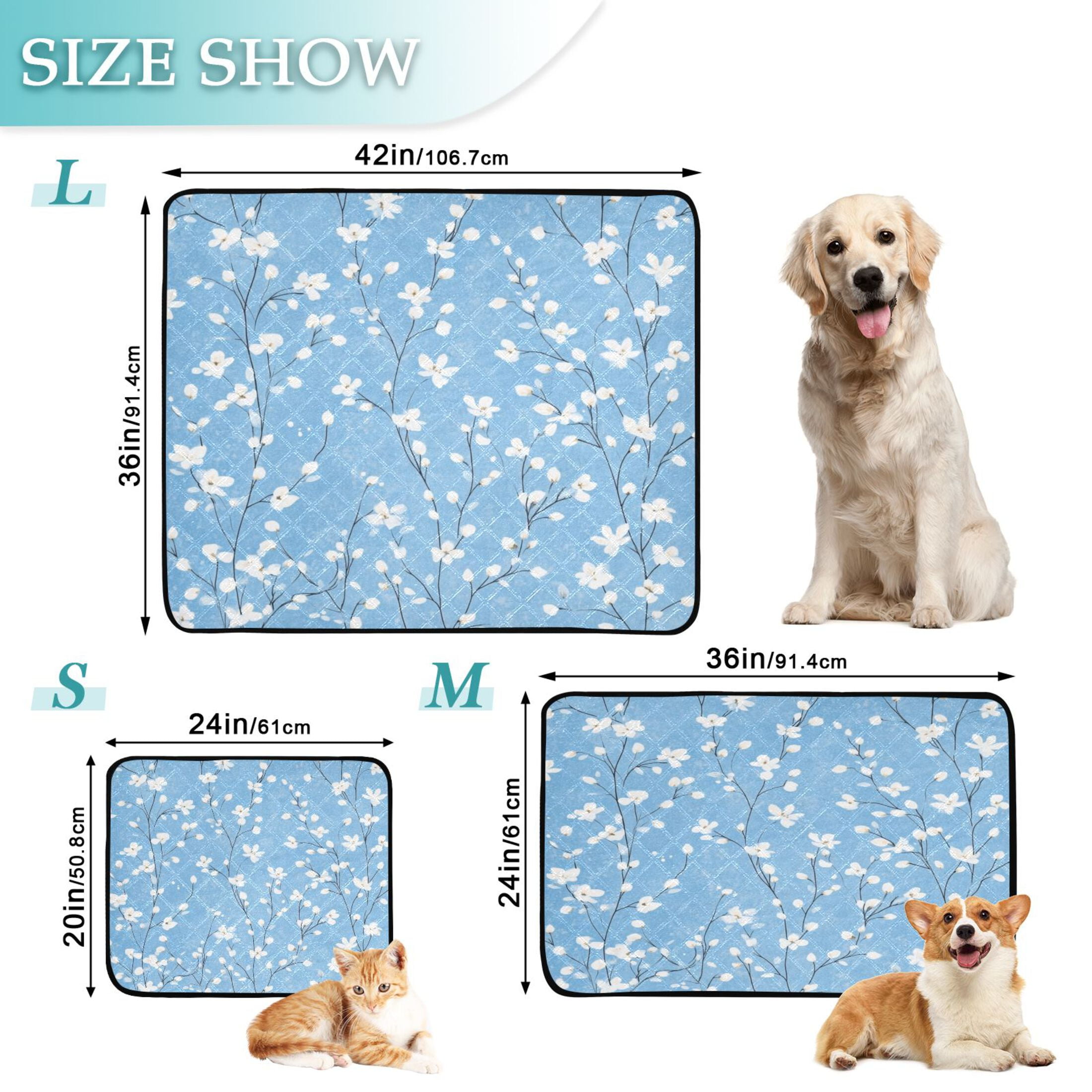 Qxltty Light Blue Background with White Floral Pattern Cat litter Pads Pet Set of 3 Diaper Mats Center Anti-leakage Layer Absorbent Soft and Comfortable