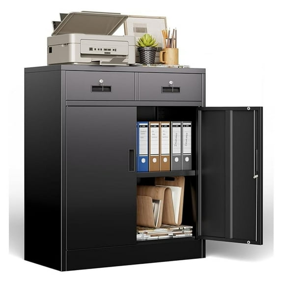 36" H Metal Storage Cabinet with 2 Lockable Drawers and 2 Lockable Doors, Black Locking Cabinet with Adjustable Shelf, Metal Cabinet for Home Office, Garage,School, Warehouse, Utility Room