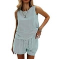 thumbnail image 2 of Women'S Summer 2 Piece Outfits Sleeveless Tank Top Matching Shorts Sets Cotton Striped Sweatsuits Green XL, 2 of 8