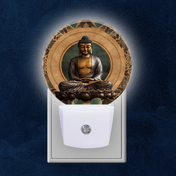 Round LED Night Lights Lamp with Dusk to Dawn Sensor, BuddhSitting On Flower Night Light Plug Into Wall for Kids Room, Bedroom, Bathroom, Kitchen, Hallway