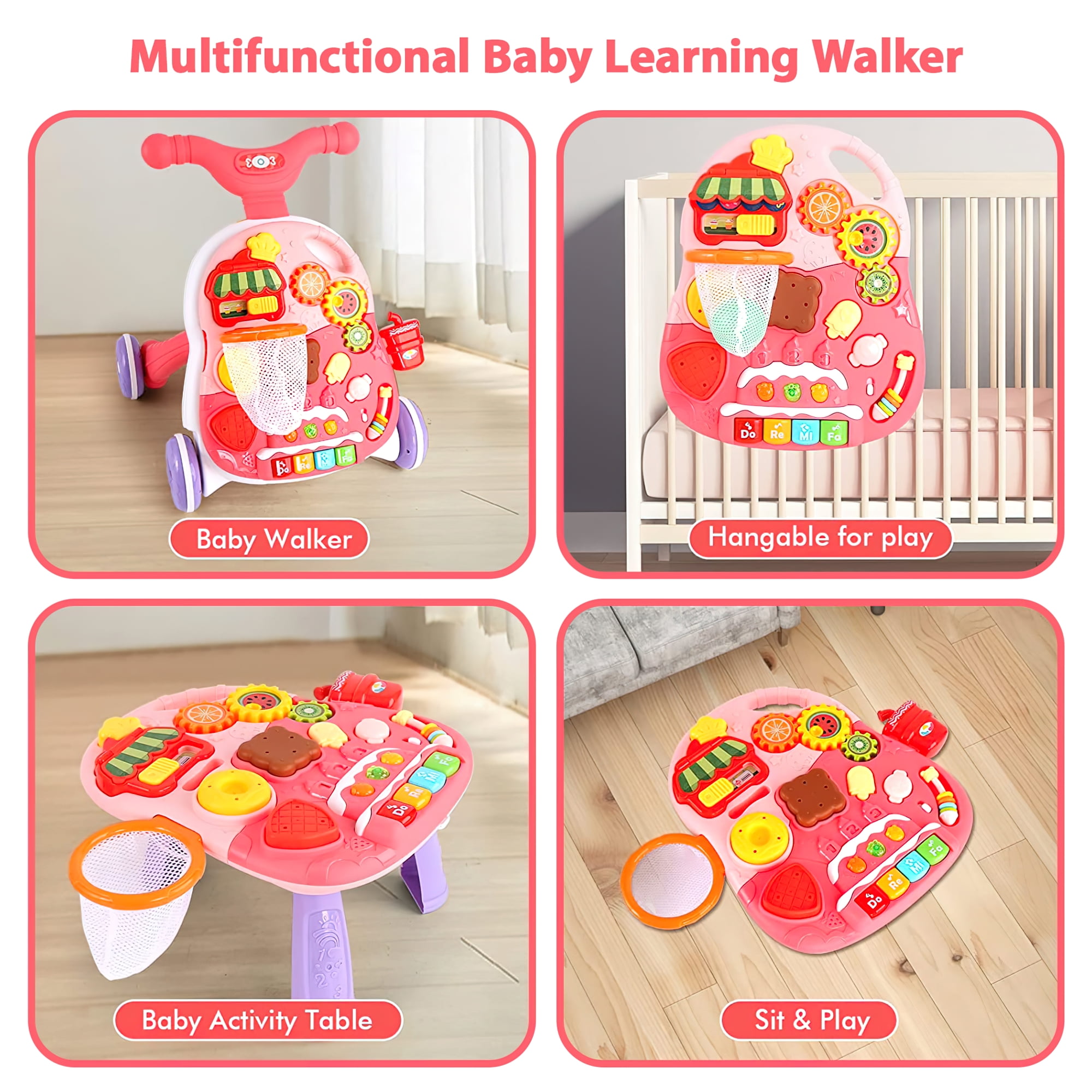 Beefunni 2 in 1 Baby Walker Sit to Stand Toys,Toddlers Musical Fun Table, Lights and Sounds, Learning, Birthday Gift for Infant 9, 12, 18, 24 Months