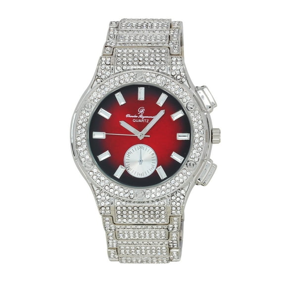 Charles Raymond Big Bling Watch Inspired by Hip Hop - Men's Iced Out Timepiece- Diamond Rhinestones on Blast - ST10311 MB SLV Red