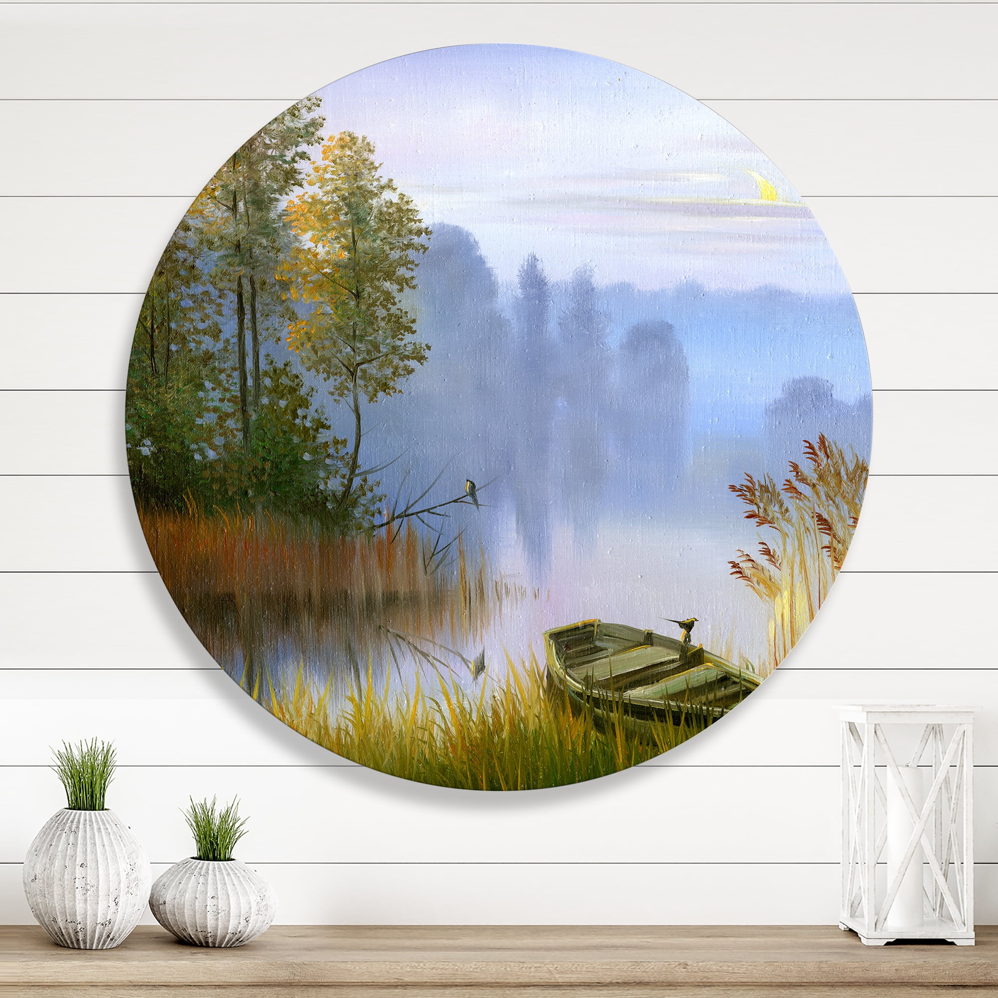 Designart 'The Bank Of The Lake With The Boat' Traditional Circle Metal Wall Art 23x23 - Disc of 23