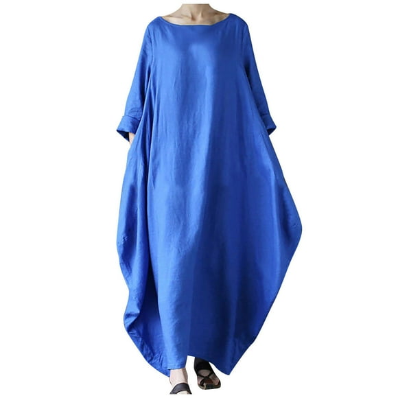 Women's Maxi Loose Cotton Linen Dress Solid Color Clearance Spring Long Sleeve Round Neck Elegant Casual Playwear Outwear Trendy Girls Blue L