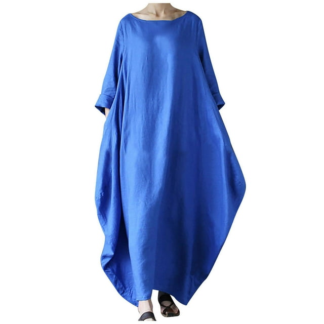Cameland Robe d'Été Décontractée en Coton et Lin pour Femmes Manches Courtes Col Rond Uni