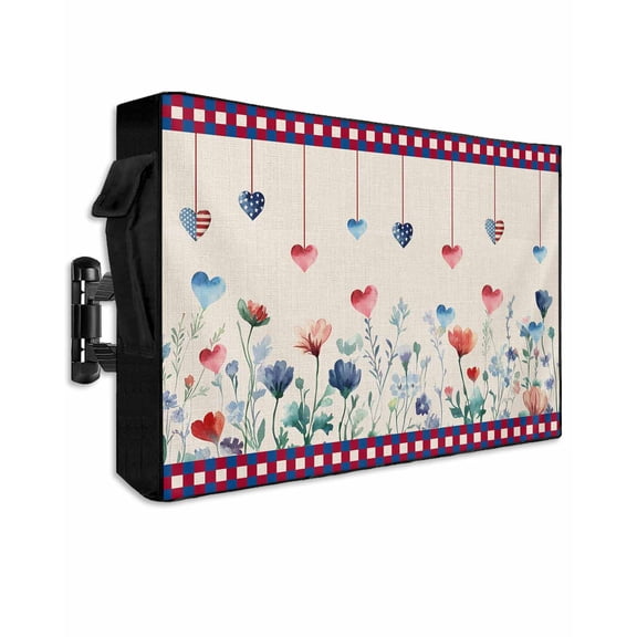 4th of July Outdoor TV Cover 30 to 32 Inch Weatherproof, Independence Day Red Blue Love Heart Plaid 600D Oxford TV Covers with Waterproof Zipper, Outside Flat TV Screen Protector Size 30"Wx19"Hx4.5"D
