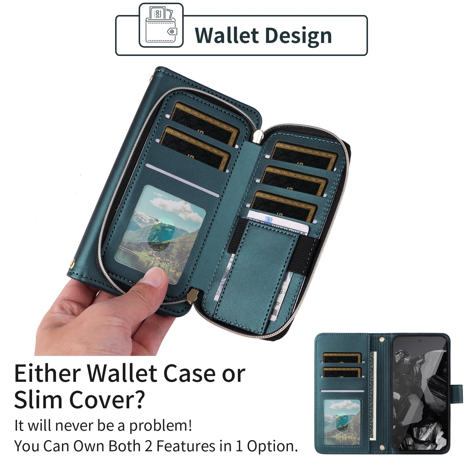 Furiet Argyle Wallet Case for Google Pixel 9 Pro XL with Wrist/Shoulder Strap, Card Slot Zipper Purse Luxury PU Leather Card Holder Stand Checkered Phone Cover for Pixel9 9Pro 9ProXL Nine Green