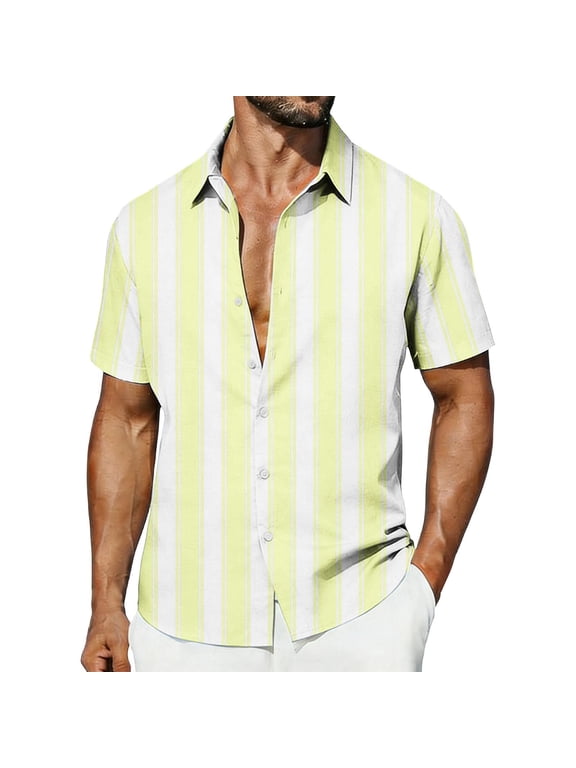 Mens Short Sleeve Collared Bright Vertical Stripe Vacation Button Front Shirt, Breathable Lightweight Top Beige S