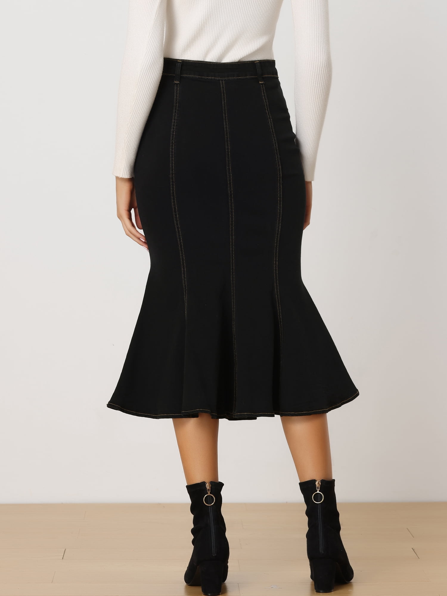DARING DIVA Women's Soft Elegant Washed Fishtail Casual Midi Denim Skirt L Black