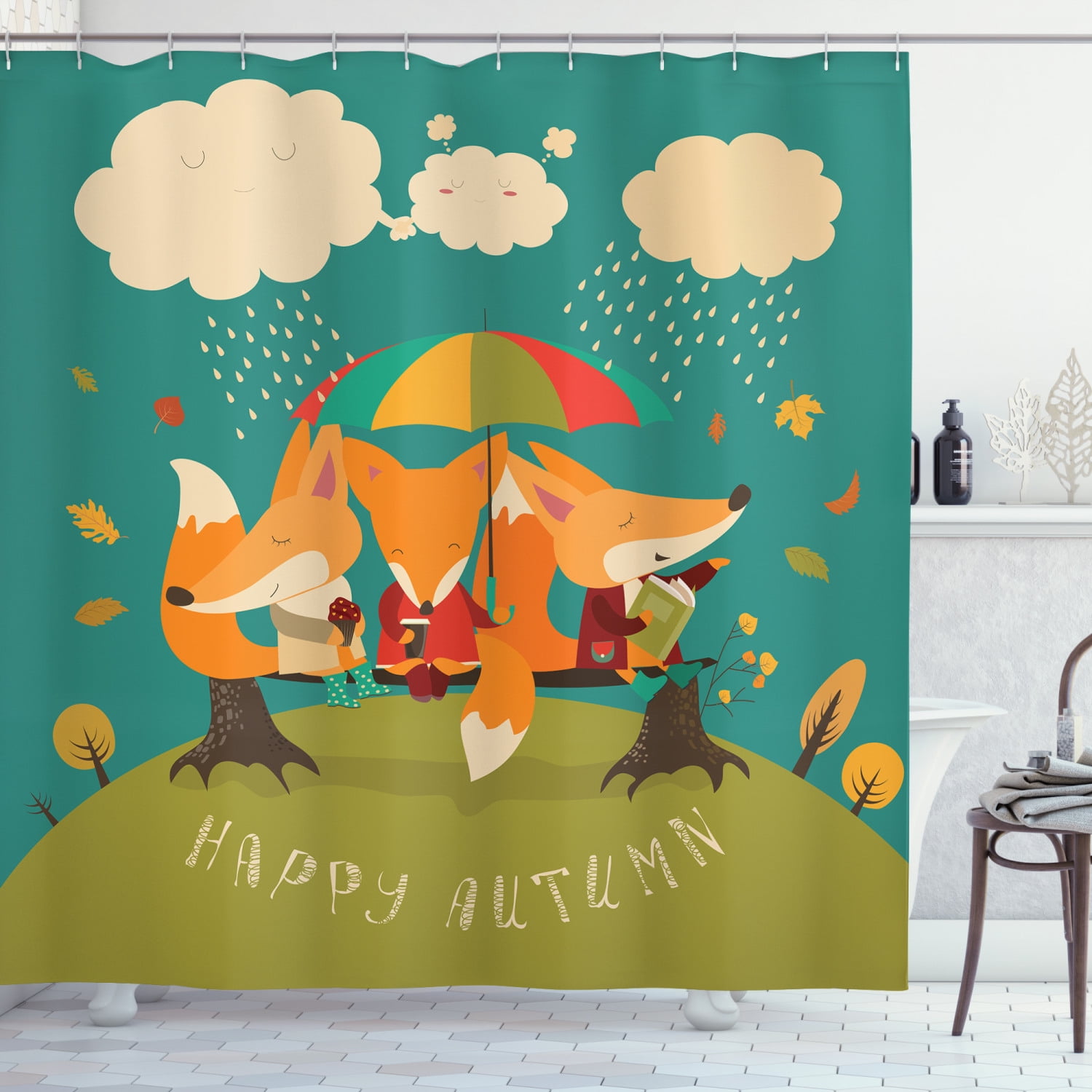 Forest Friends Shower Curtain, Cute Foxes Enjoying the Rain under