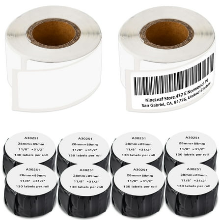 NineLeaf 10 Rolls Compatible for DYMO LW 30251 1-1/8 in x 3-1/2 in Premium White Address Barcode Labels, 130 Labels Per Roll