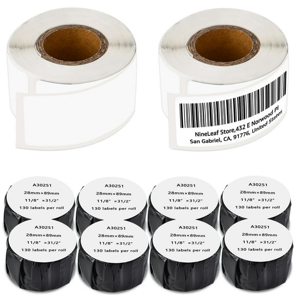 NineLeaf 10 Rolls Compatible for DYMO LW 30251 1-1/8 in x 3-1/2 in Premium White Address Barcode Labels, 130 Labels Per Roll