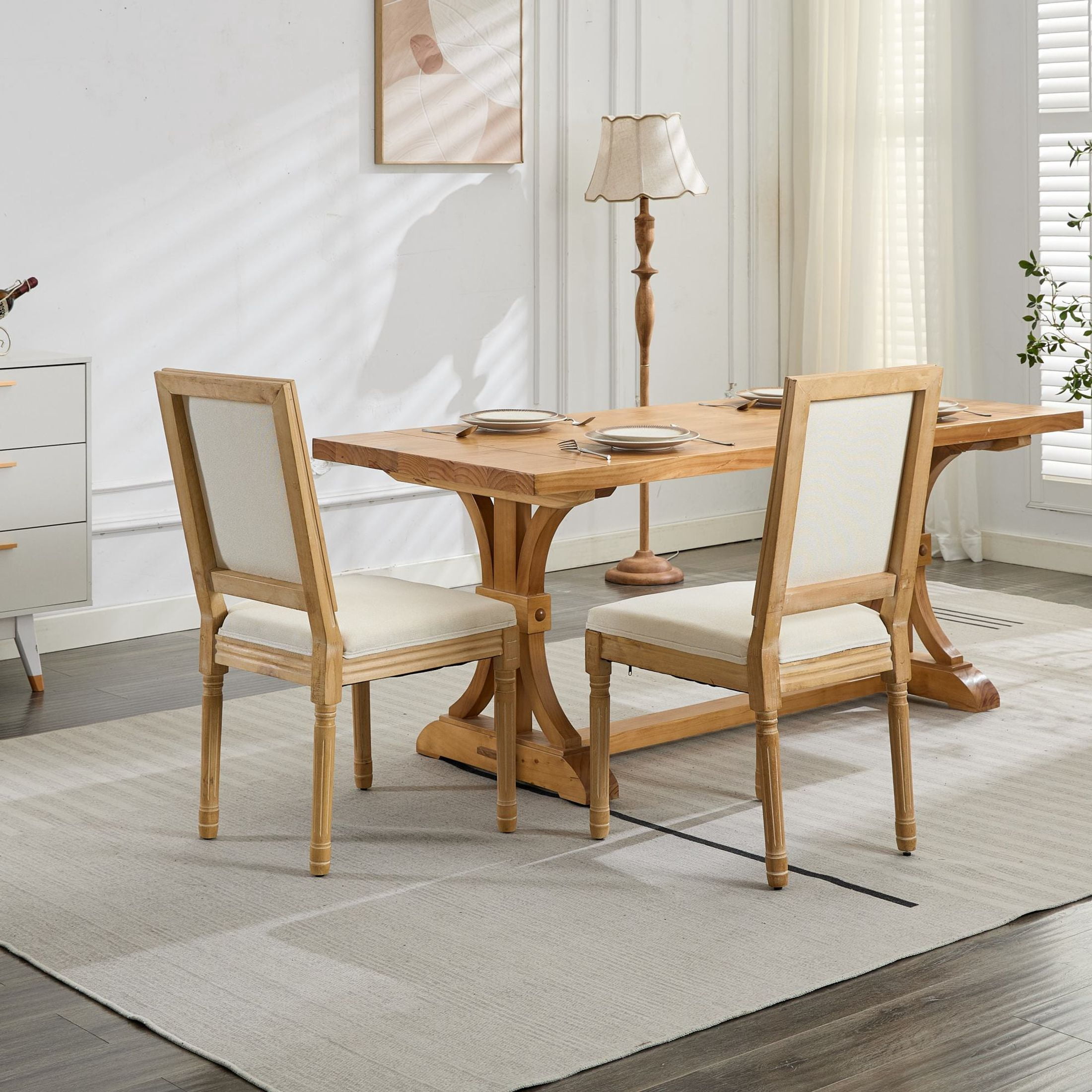 GDF Studio French Dining Chairs Set of 2 with Upholstered Backrest, Solid Rubberwood Frame, Beige
